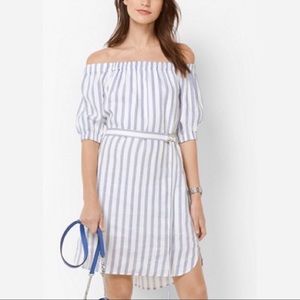 Michael Kors Striped Linen Off-The-Shoulder Dress